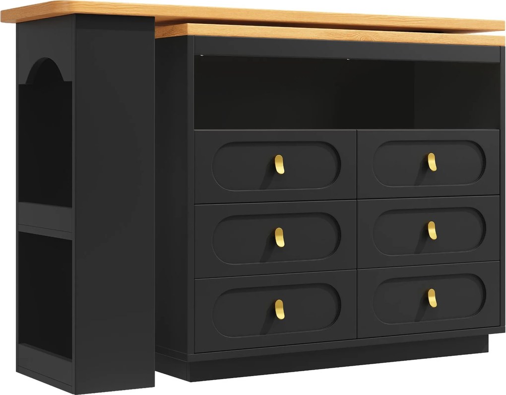 Masă de bar extensibilă cu rotire 360°, 6 sertare și raft lateral pentru gustări, 137-203x39x90 cm, Negru