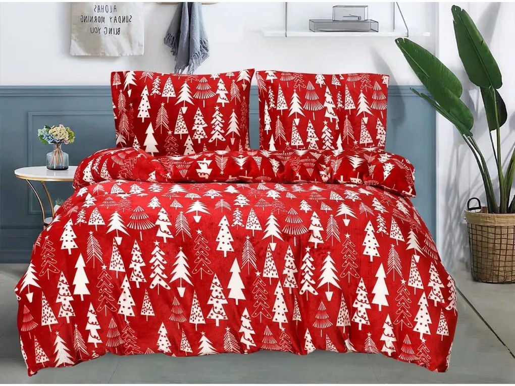 Lenjerie de pat din microplus BRAZI DE CRACIUN rosie + cearceaf din microplus SOFT 90x200 cm alb