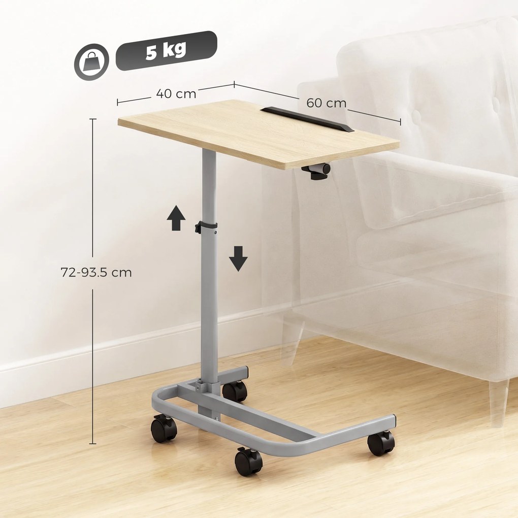 HOMCOM Măsuță pentru Laptop cu Înălțime Reglabilă, 4 Roți, Lemn și Metal, 60 x 40 x 72-93,5 cm, Stejar | Aosom Romania