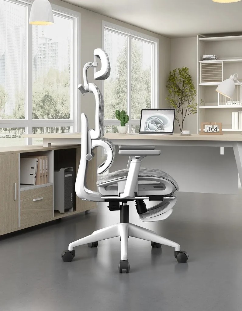 RESIGILAT- Scaun ergonomic, functie translatie sezut, cotiere reglabile 3D, tetiera 3D, suport lombar reglabil, spătar reglabil inaltime, pivotant, suport picioare, Alb/Negru