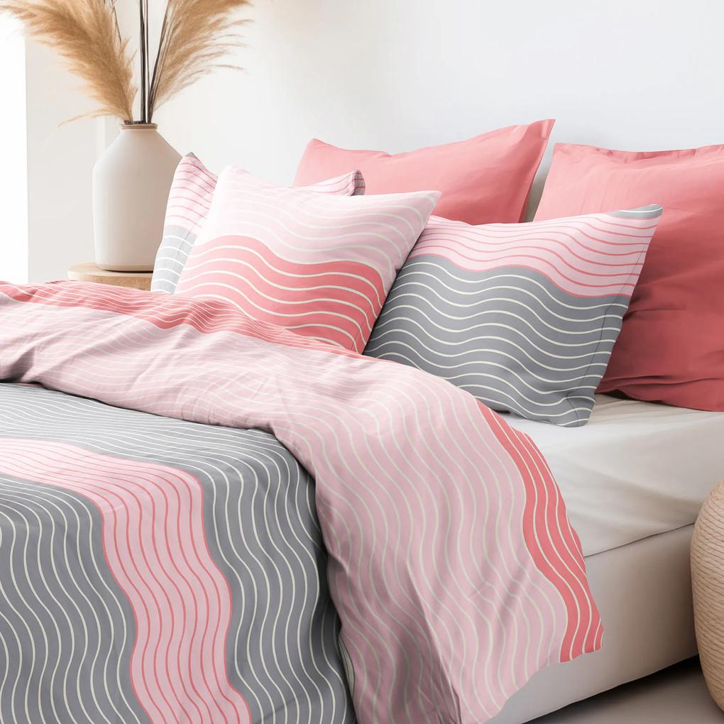 Goldea lenjerie de pat din bumbac satinat deluxe - valuri roz și gri 200 x 240 și 2buc 50 x 70 cm