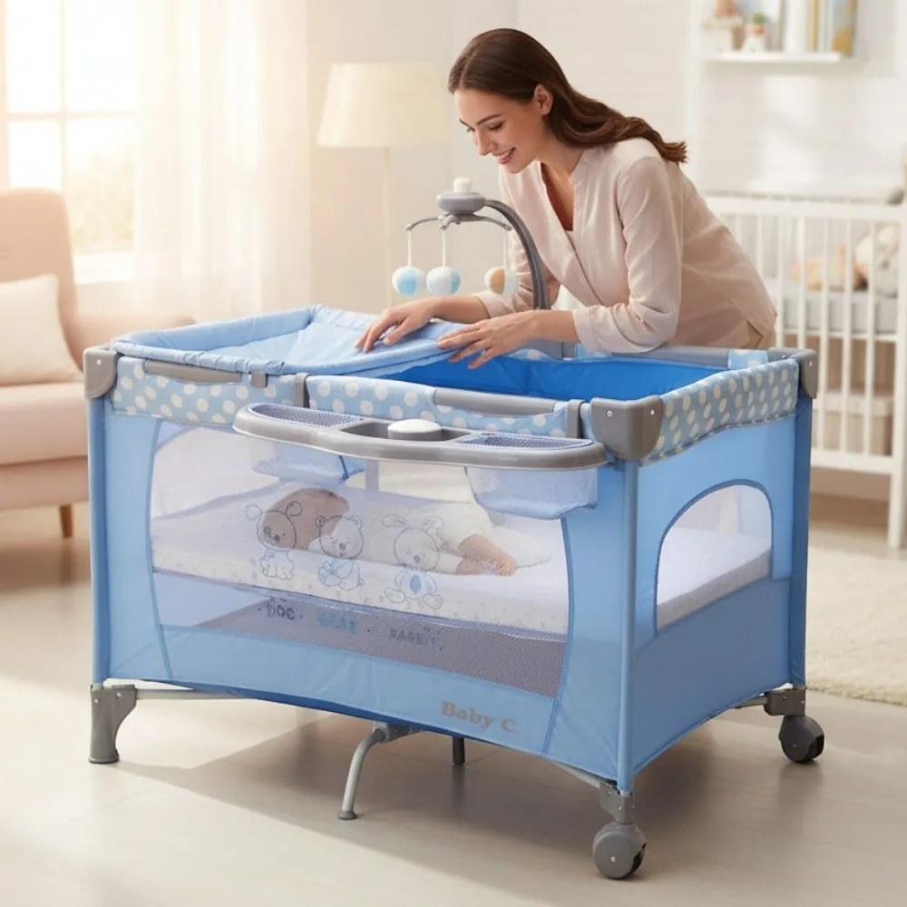 Patut Pliabil si Tarc copii Baby Care™ PRO FMAT, 2 Niveluri de inaltime, Cu melodii si Masa infasat, Carusel cu jucarii din plus, Plasa insecte,