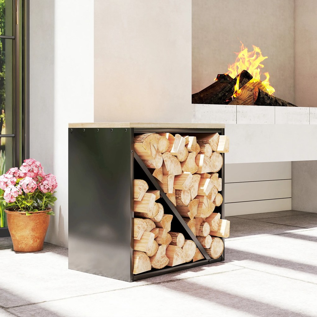 Outsunny Suport pentru Lemne de Interior 2 în 1, Suport Înălțat cu Separator, pentru Șemineu, 58 x 36 x 60 Cm, Negru | Aosom Romania
