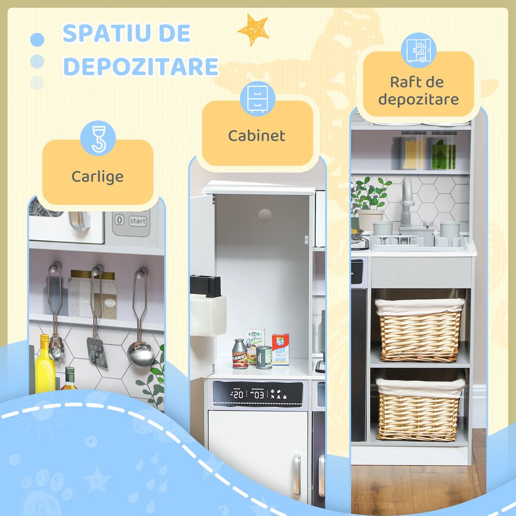 AIYAPLAY Set de Bucătărie de Jucărie din Lemn cu Aragaz cu Lumini și Sunete, Chiuvetă cu Circulație a Apei și Accesorii, Alb | Aosom Romania