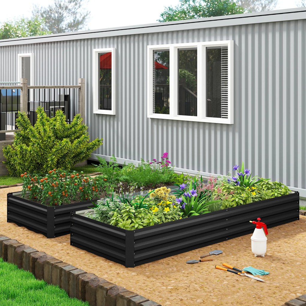 Outsunny Pat de grădină dreptunghiular jardiniere exterioară 241 x 90,5 x 30 cm tablă de oțel ondulată negru | Aosom Romania