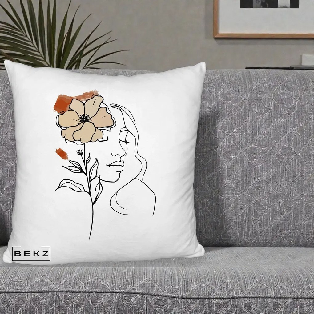 Perna Decorativa Portret Feminin Floare Bej Terracotta, 40x40 cm, Alb Pufos, Husa Detasabila, Perna Inclusa, BEKZ®