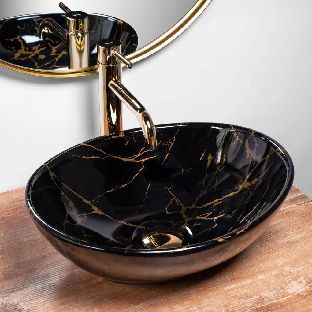 Rea Sofia Marble lavoar 41x34.5 cm ovale de blat negru-auriu REA-U5611