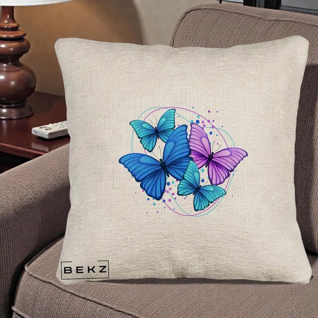 Perna Decorativa Patru Fluturi Turcoaz-Violet, 40x40 cm, Bej Canapea, Husa Detasabila, Perna Inclusa, BEKZ®