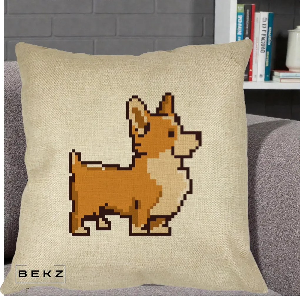 Perna Personalizata Corgi Pixel Art, 40x40 cm, Crem, Husa Detasabila, Perna Inclusa, BEKZ®