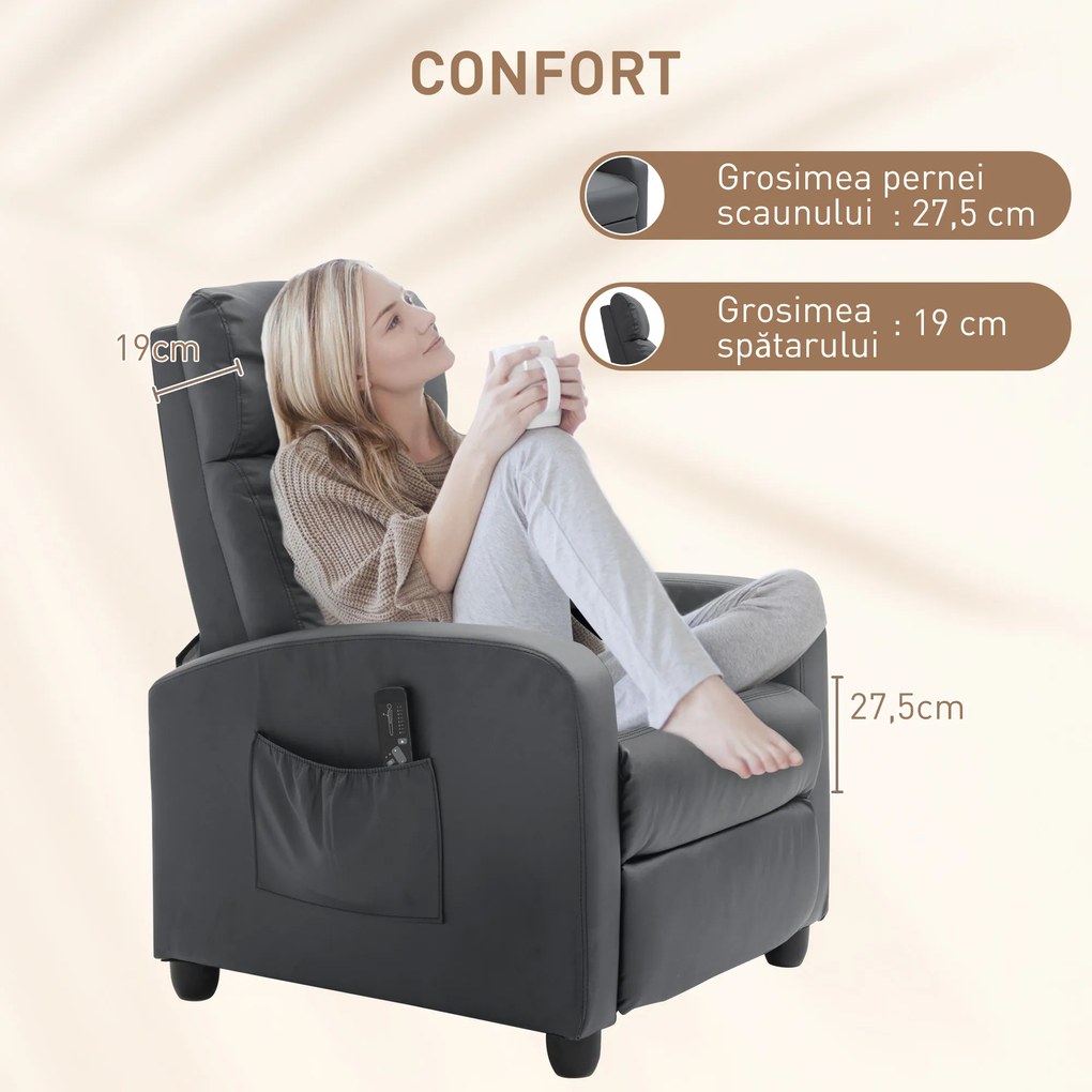 HOMCOM Fotoliu de Masaj cu 8 Moduri și 5 Intensități, Suport pentru Picioare și Telecomandă, 68x88x98 cm, Gri | Aosom Romania