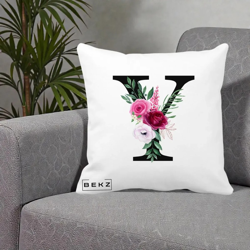 Cadou Personalizat - Perna Personalizata Monograma Florala Litera Y cu Buchet, 40x40 cm, Alba Mata, Husa Detasabila, Perna Inclusa, BEKZ®