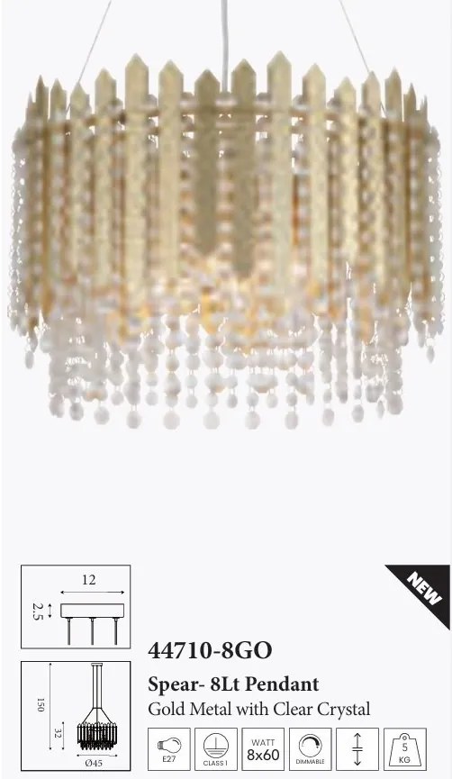 Lustra metal auriu, cristale din sticla Spear 8Lt