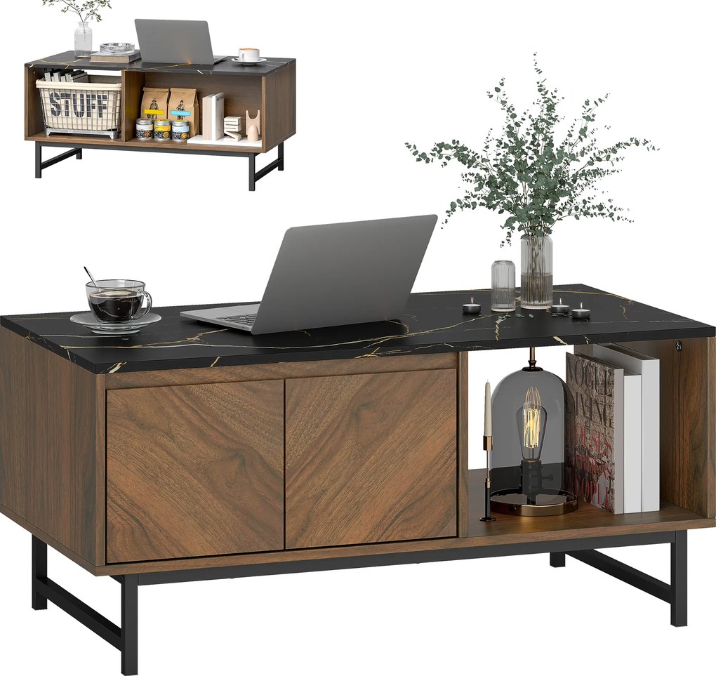 HOMCOM Masă de cafea, masă de living, blat efect marmură, 2 uși și 2 nișe deschise, 100 x 50,8 x 45,7 cm, nuc | Aosom Romania