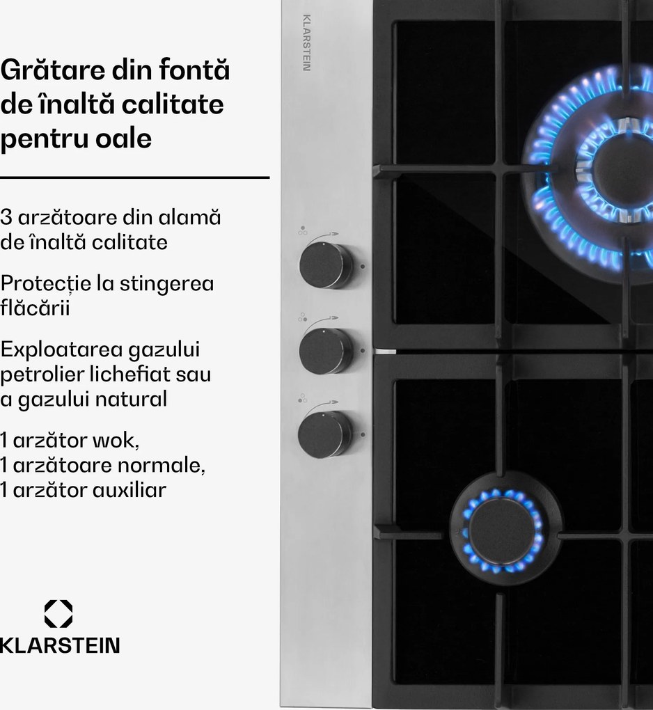 Klarstein Alchemist 3, plită pe gaz, 3 arzătoare din aluminiu, sticlă ceramică