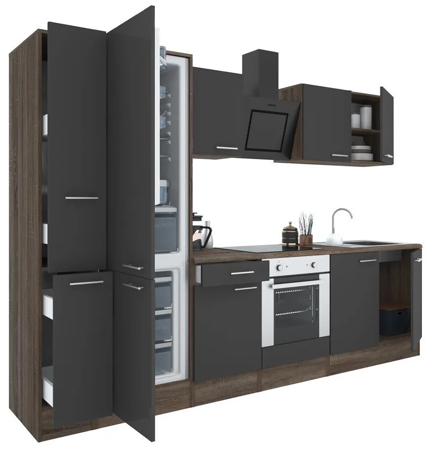 Mobilă de bucătărie Yorki 300, corp din stejar Yorki, față antracit satinat cu element cuptor inferior și frigider congelator inferior