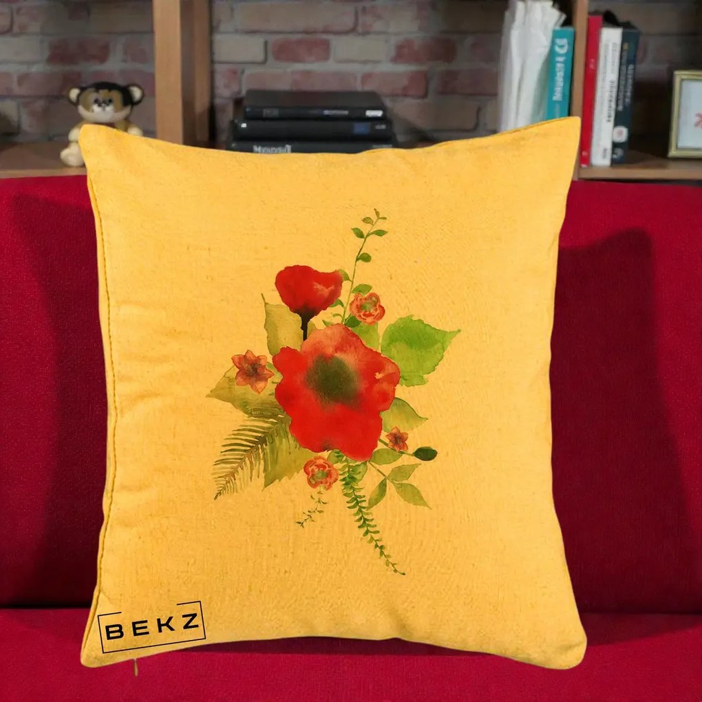 Perna Decorativa Buchet Rosu Acuarela, 40x40 cm, Galben, Husa Detasabila, Perna Inclusa, BEKZ®