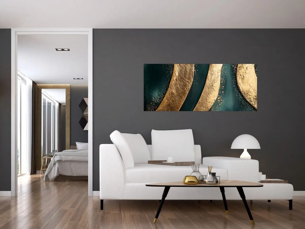 Tablou - Abstracție verde cu auriu I. (120x50 cm)