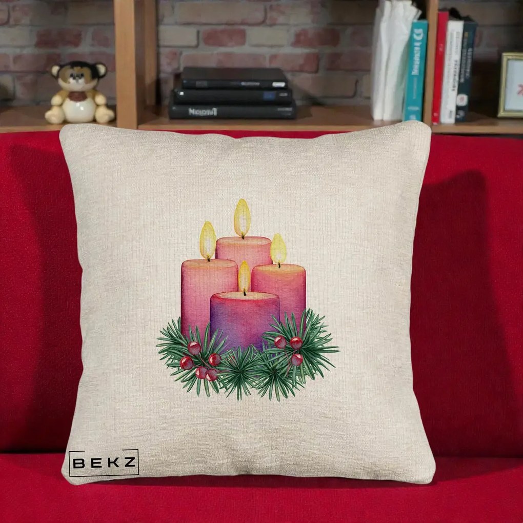 Perna Decorativa Lumanari Advent Roz-Violet, 40x40 cm, Bej Canapea, Husa Detasabila, Perna Inclusa, BEKZ®