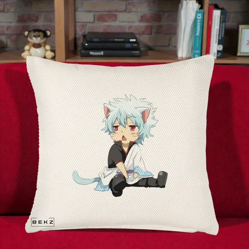 Perna Personalizata Gintama Gintoki Chibi Pisica, 40x40 cm, Crem Reliefat, Husa Detasabila, Perna Inclusa, BEKZ®