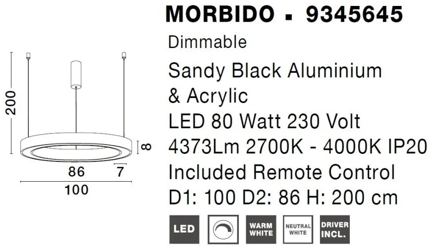 Pendul LED dimabil design modern MORBIDO negru 100cm