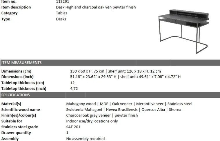 Birou design LUX Highland gri 113291 HZ