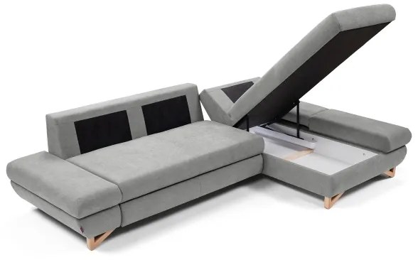 Colțar tapițat extensibil AVESTA, formă L, partea dreaptă, gri, cu spațiu de depozitare