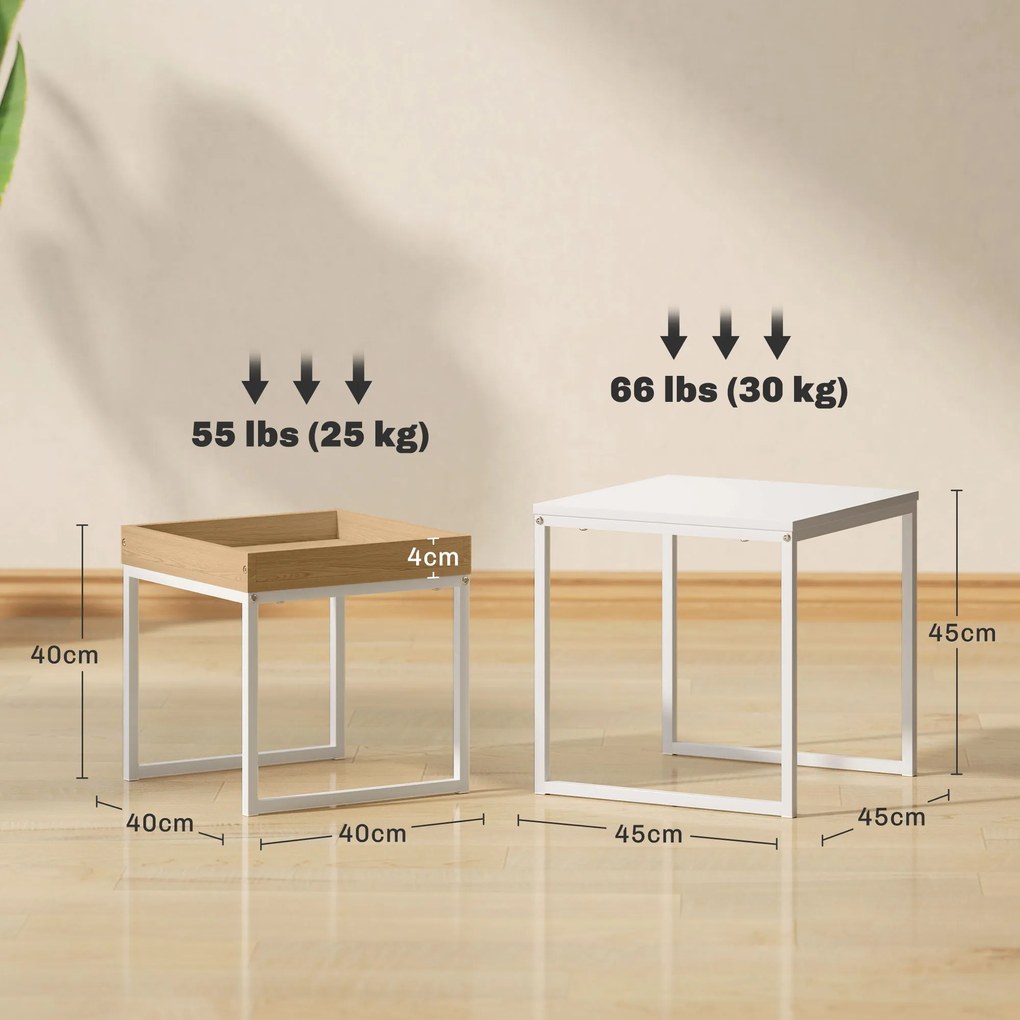 HOMCOM Set de Măsuțe de Cafea Impilabile Moderne cu Tavă, 45x45x45 cm, Alb și Stejar | Aosom Romania