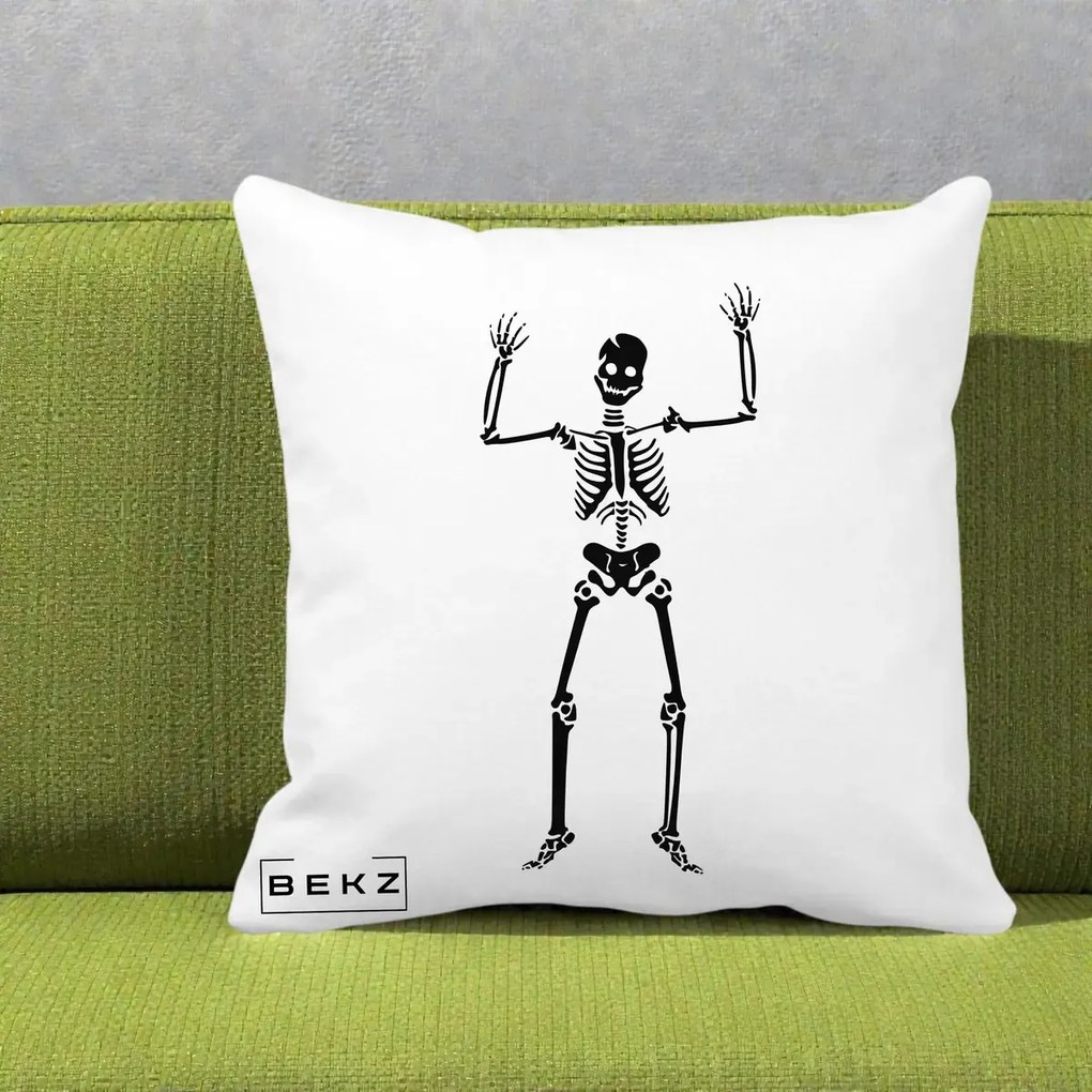 Perna Decorativa Halloween Schelet Dansator, 40x40 cm, Alba Mata, Husa Detasabila, Perna Inclusa, BEKZ®