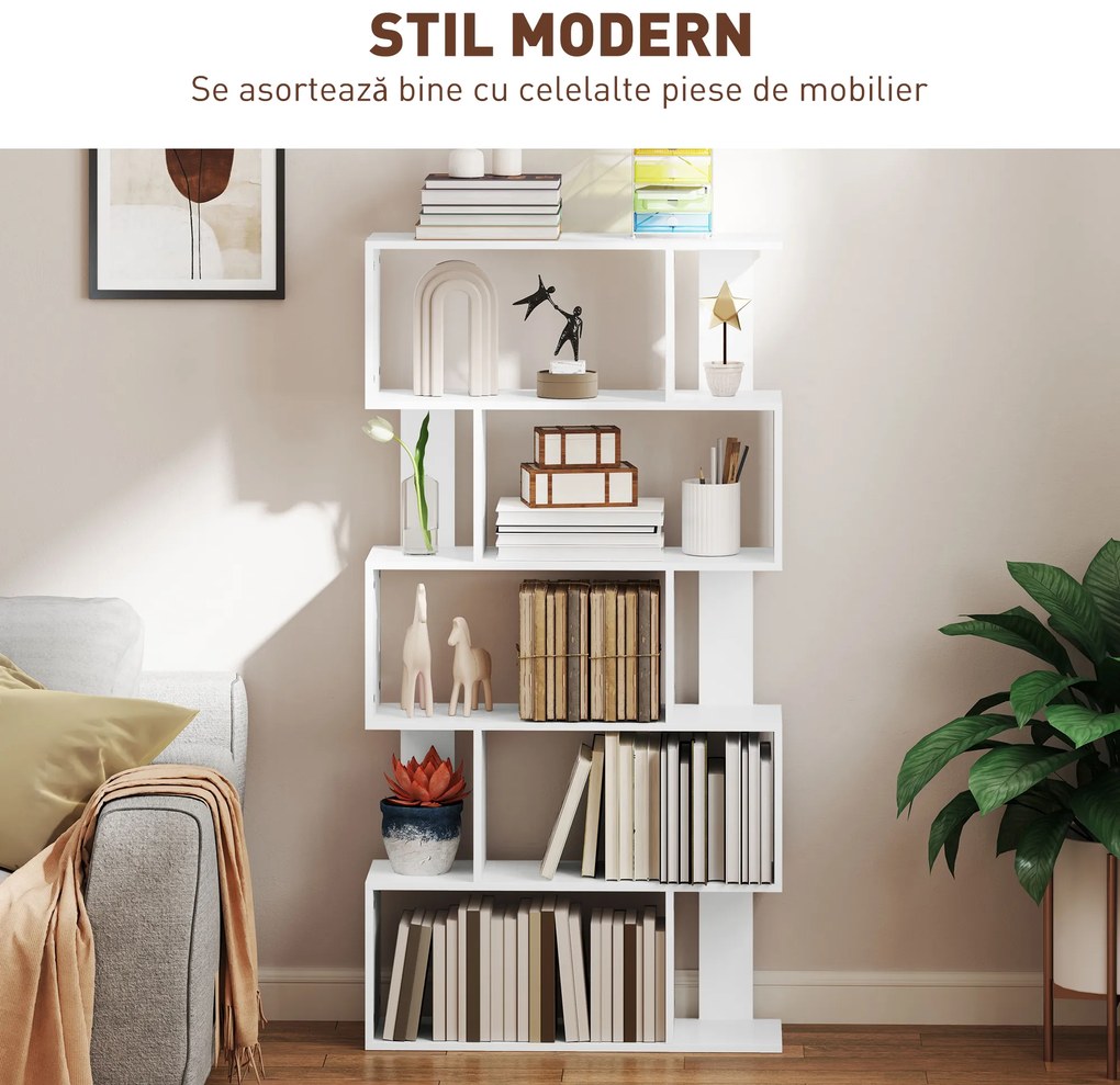 HOMCOM Bibliotecă Asimetrică în Formă de S cu 5 Niveluri și 10 Rafturi Deschise, 80x24x159 cm, Alb | Aosom Romania