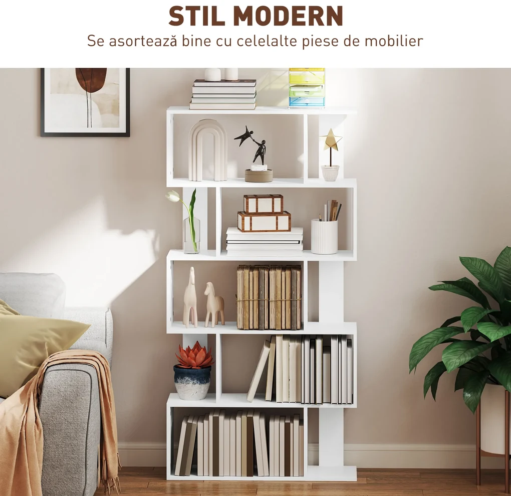 HOMCOM Bibliotecă Asimetrică în Formă de S cu 5 Niveluri și 10 Rafturi Deschise, 80x24x159 cm, Alb | Aosom Romania