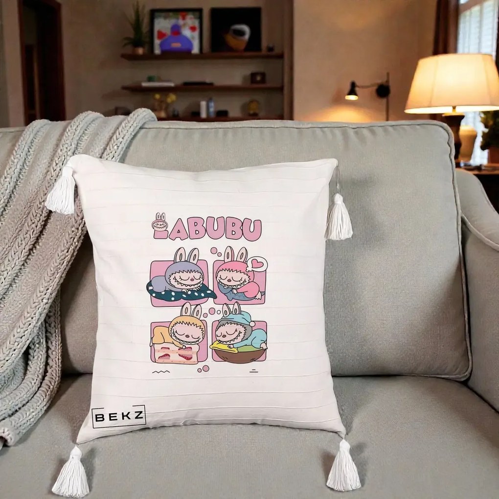 Perna Personalizata Labubu Sleeping Quad Grid, 40x40 cm, Bej cu Franjuri, Husa Detasabila, Perna Inclusa, BEKZ®