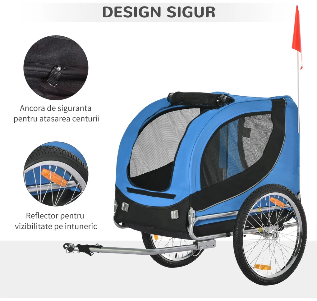 PawHut Remorcă de Bicicletă pentru Câini cu Punct de Atașare, Ferestre Laterale și Steguleț, 130x73x90 cm, Albastru | Aosom Romania