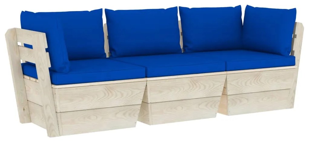 3063406 vidaXL Canapea de grădină din paleți, 3 locuri, cu perne, lemn molid