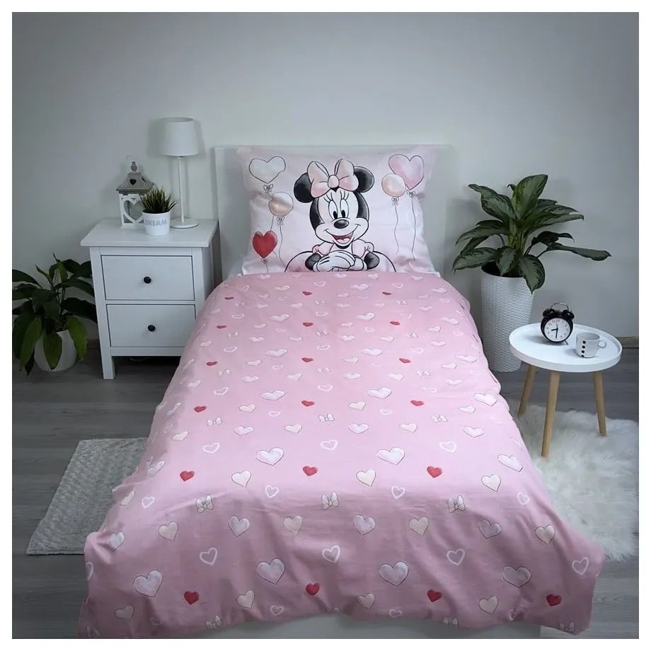 Lenjerie de pat pentru copii roz din bumbac pentru pat de o persoană 140x200 cm Minnie "Balloon" – Jerry Fabrics
