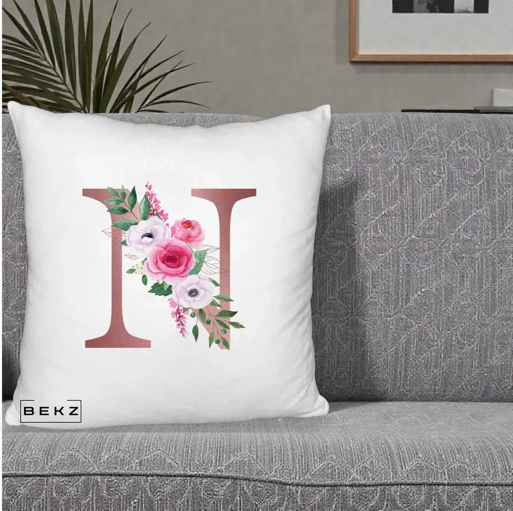 Cadou Personalizat - Perna Personalizata Monograma Rose Gold Litera N, 40x40 cm, Alb Pufos, Husa Detasabila, Perna Inclusa, BEKZ®