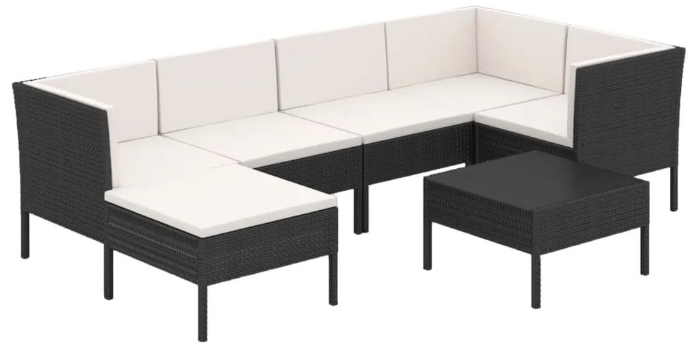 Set mobilier de gradina cu perne, 7 piese, negru, poliratan 3x colt + 2x mijloc + 2x suport pentru picioare, 1