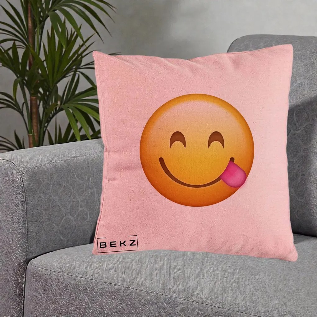 Perna Decorativa Emoji Limba Scoasa, 40x40 cm, Roz, Husa Detasabila, Perna Inclusa, BEKZ®
