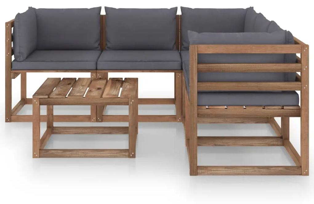 Set mobilier gradina, perne antracit, 6 piese, lemn pin tratat Antracit, 3x colt + 2x mijloc + masa, 1