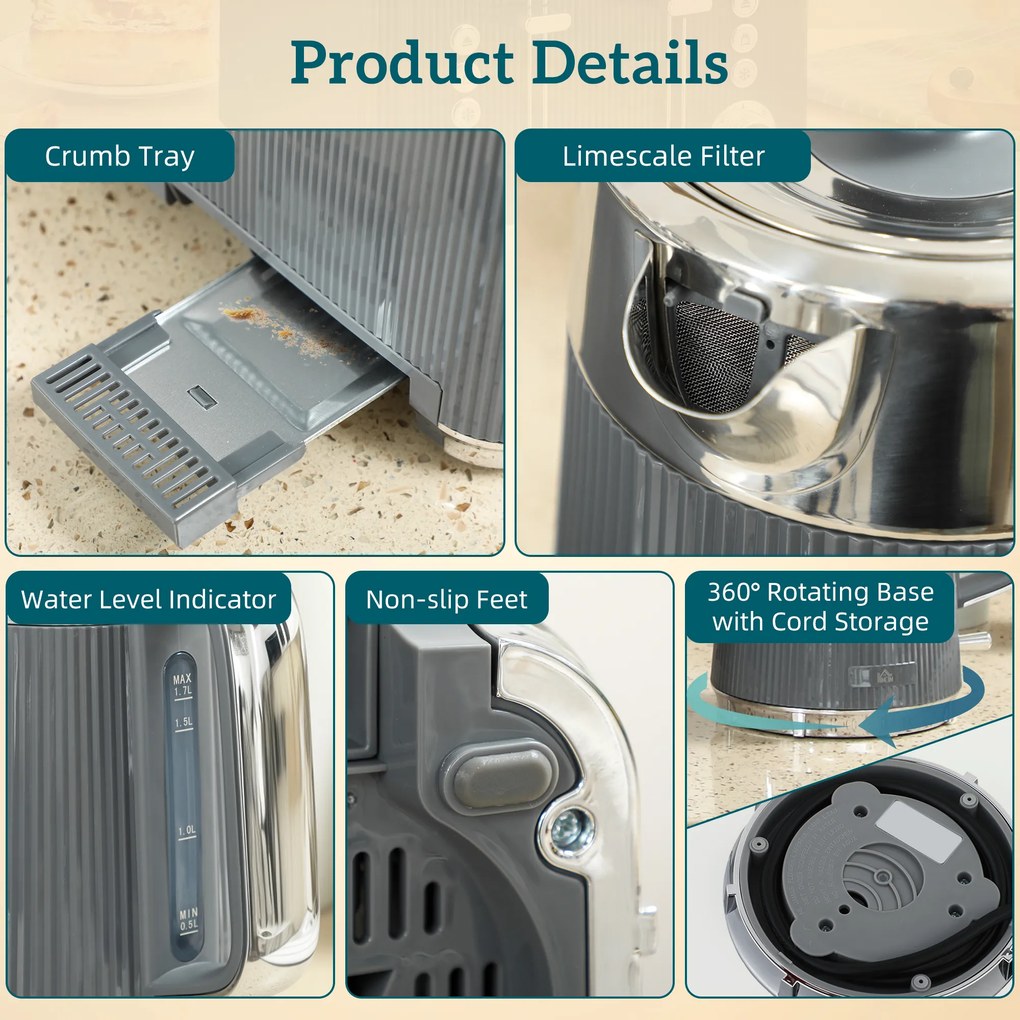 HOMCOM 2200W, fierbător 1,7L cu funcție de fierbere rapidă, filtru anticalcar și toaster cu 4 felii și 7 trepte de rumenire, gri | Aosom Romania