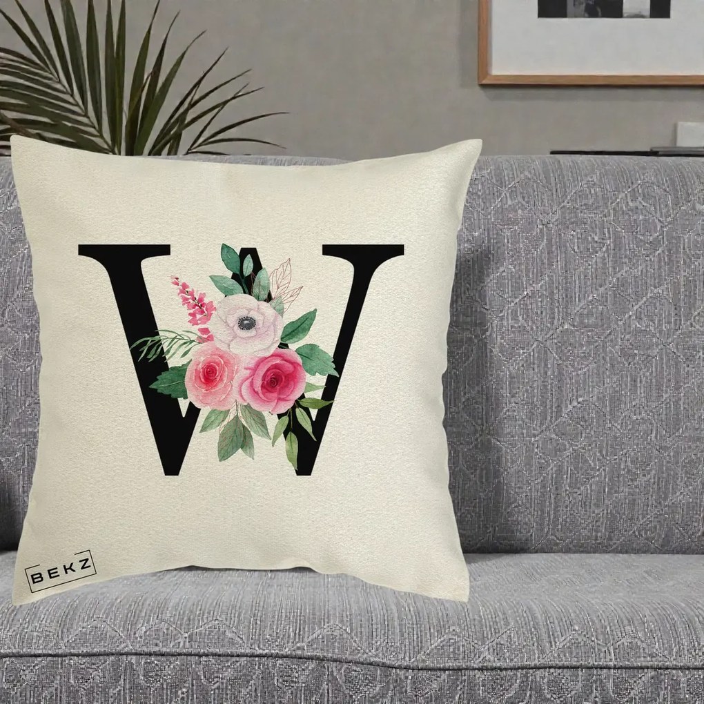 Cadou Personalizat - Perna Personalizata Monograma Florala Litera W cu Trandafiri si Anemona, 40x40 cm, Ecru, Husa Detasabila, Perna Inclusa, BEKZ®