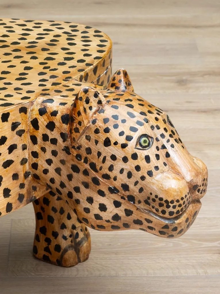 Măsuță de cafea din lemn de mango sculptat și pictat manual, maro, panteră cu imprimeu leopard, finisaj lucios, 45 x 120,5 x 60 cm, „Panthera"