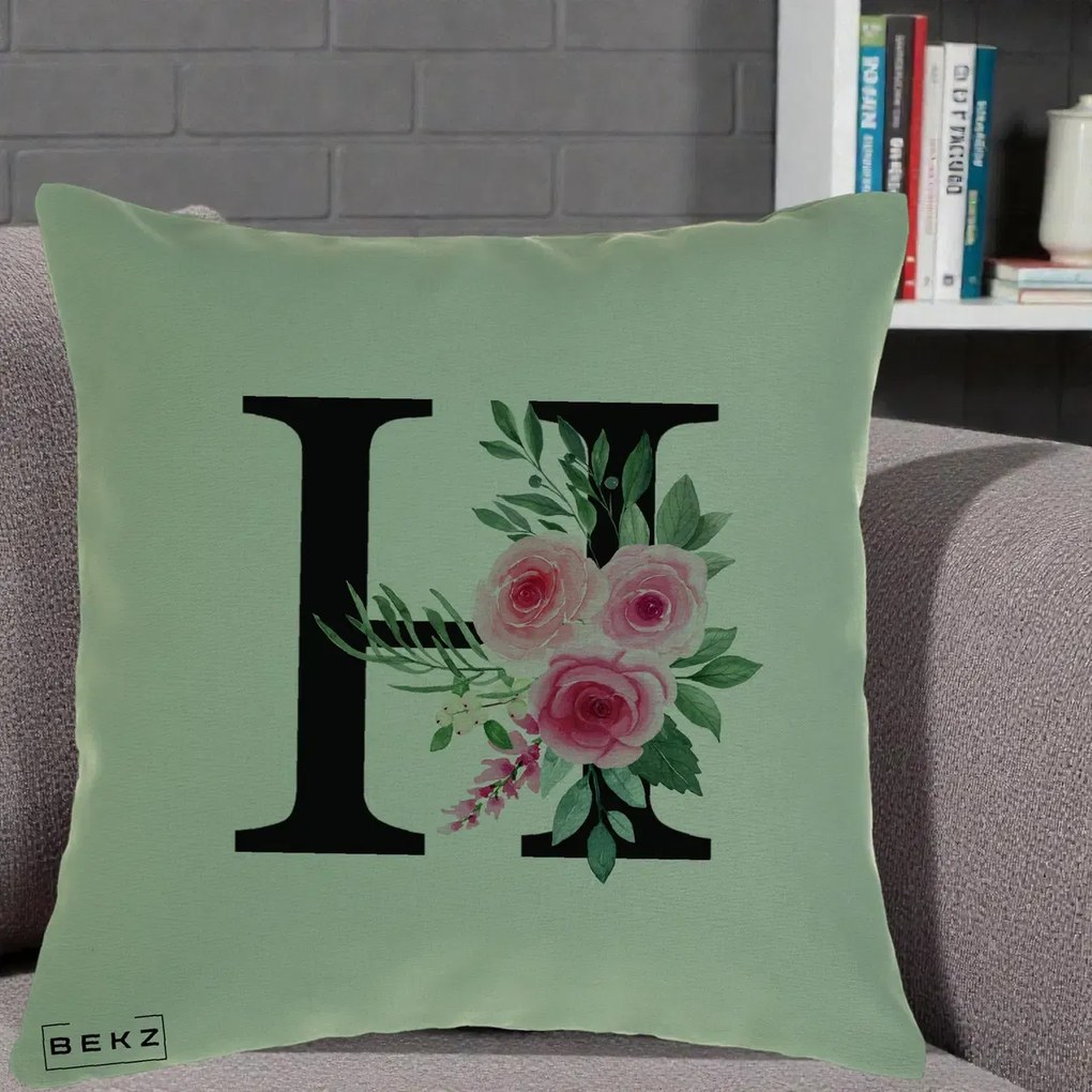 Cadou Personalizat - Perna Personalizata Monograma Florala Litera H cu Trandafiri Roz, 40x40 cm, Verde, Husa Detasabila, Perna Inclusa, BEKZ®