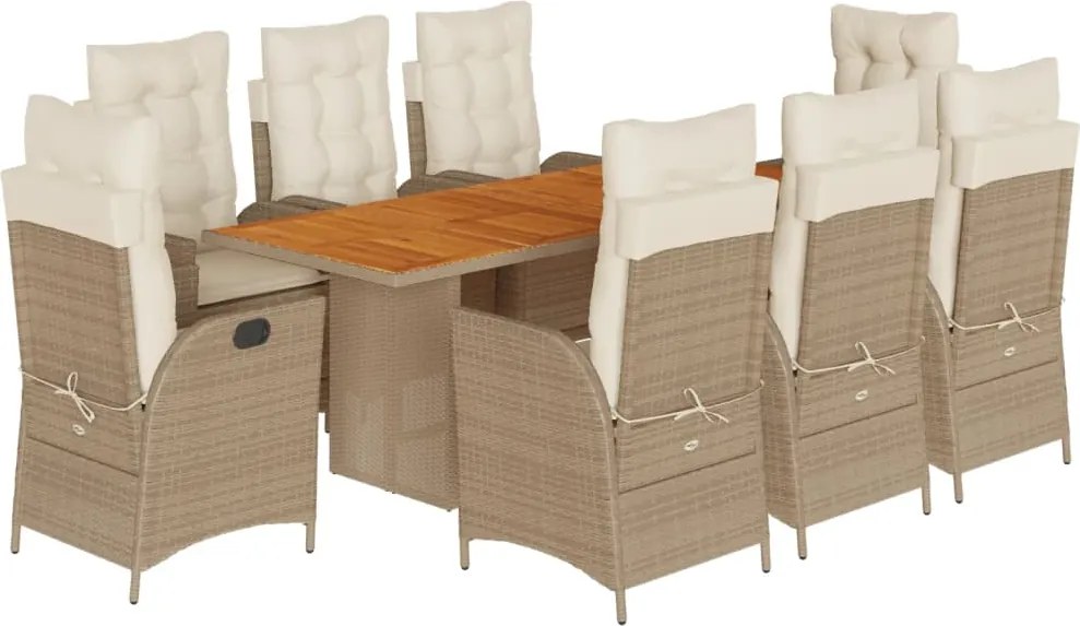 vidaXL Set de masă pentru grădină, 9 piese, cu perne, bej, poliratan