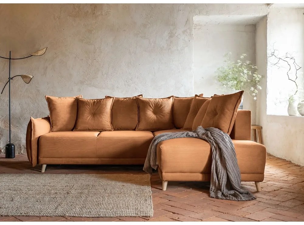 Colțar cărămiziu extensibil cu tapițerie din catifea reiată (colț dreapta) Lazy Lukka – Miuform