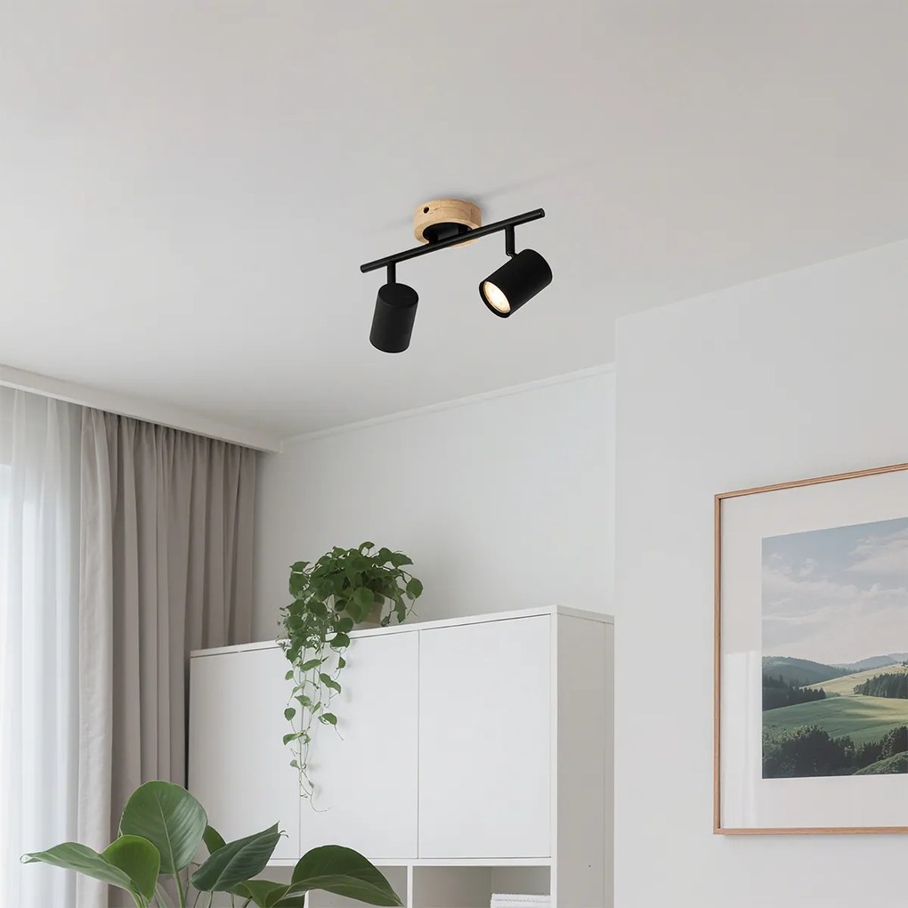 Spotlight modern negru cu lemn inclinabil cu 2 lumini - Jeana