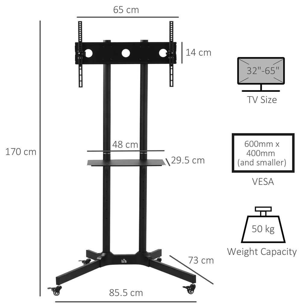 HOMCOM Carucior Suport Televizor cu Roti pentru TV 32-65" s VESA Maxim 600x400mm, Inaltime si Unghi Reglabile, Negru