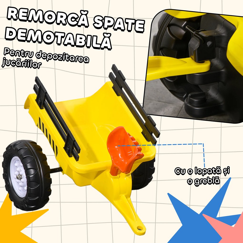 HOMCOM Tractor de Pedalat pentru Copii de 3+ Ani cu Remorcă, Greblă, Lopată și Claxon, 133x42x51 cm, Galben | Aosom Romania