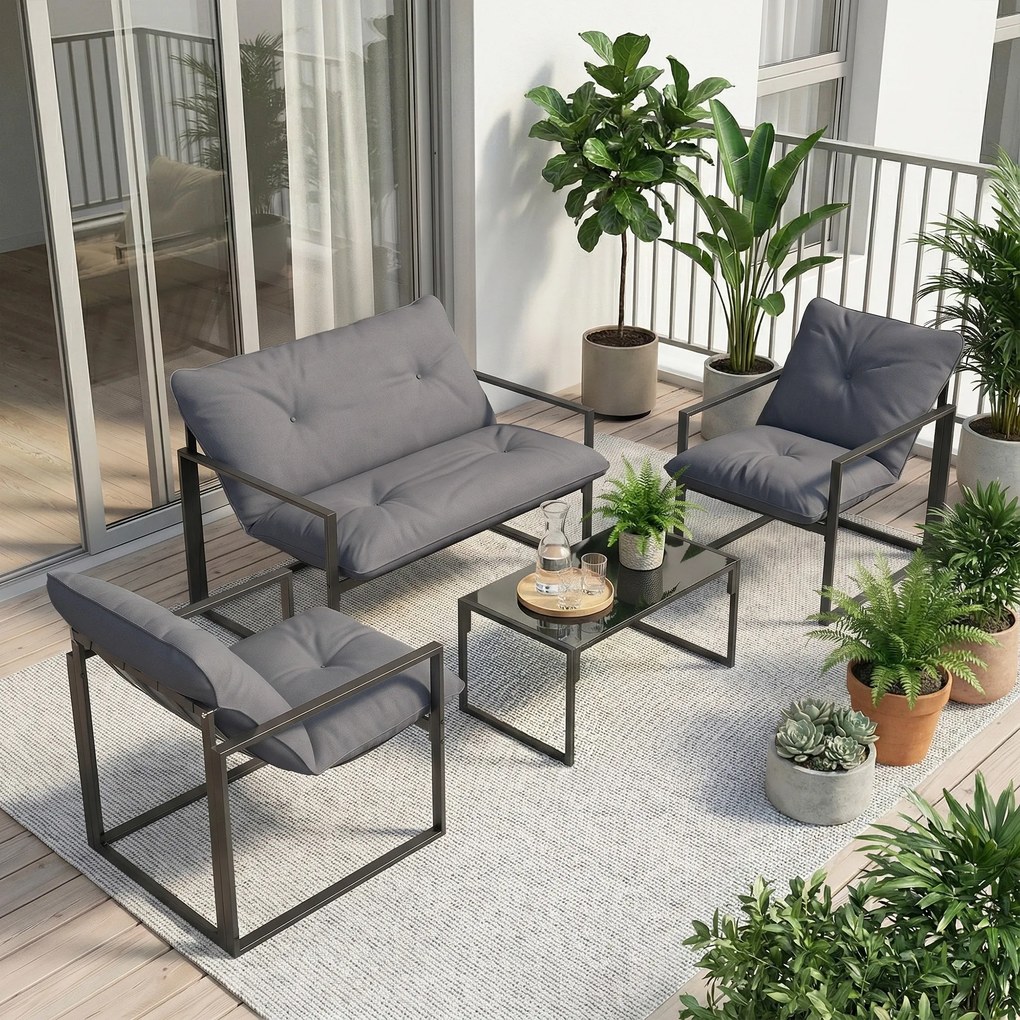 Outsunny Set Mobilier de Exterior cu Măsuță din Sticlă, Canapea, 2 Fotolii și Perne, Gri | Aosom Romania