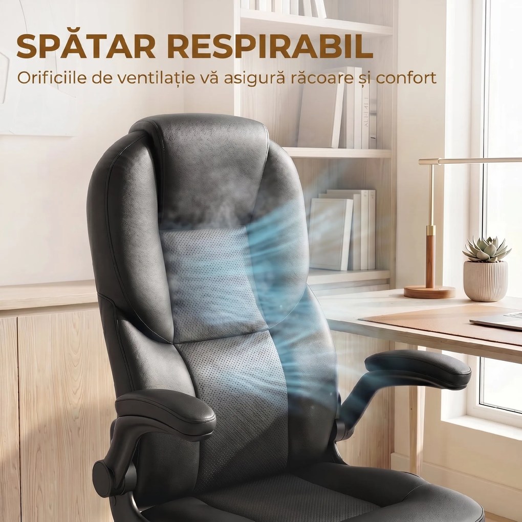 HOMCOM Scaun de Birou Rotativ, Funcție de Balansare, Suporturi Rabatabile pentru Brațe, Spătar Înalt, Înălțime Reglabilă, Negru | Aosom Romania