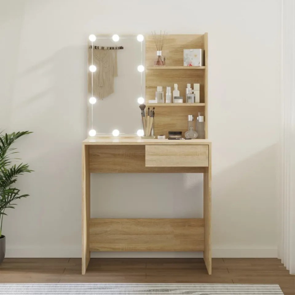 Masă de toaletă cu LED, stejar sonoma, 74,5x40x141 cm